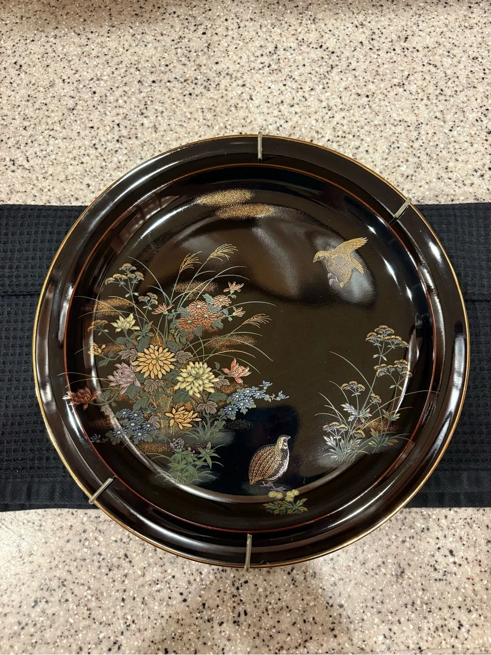 Vintage Yamaji Japan Black Floral Design Birds Porcelain Plate